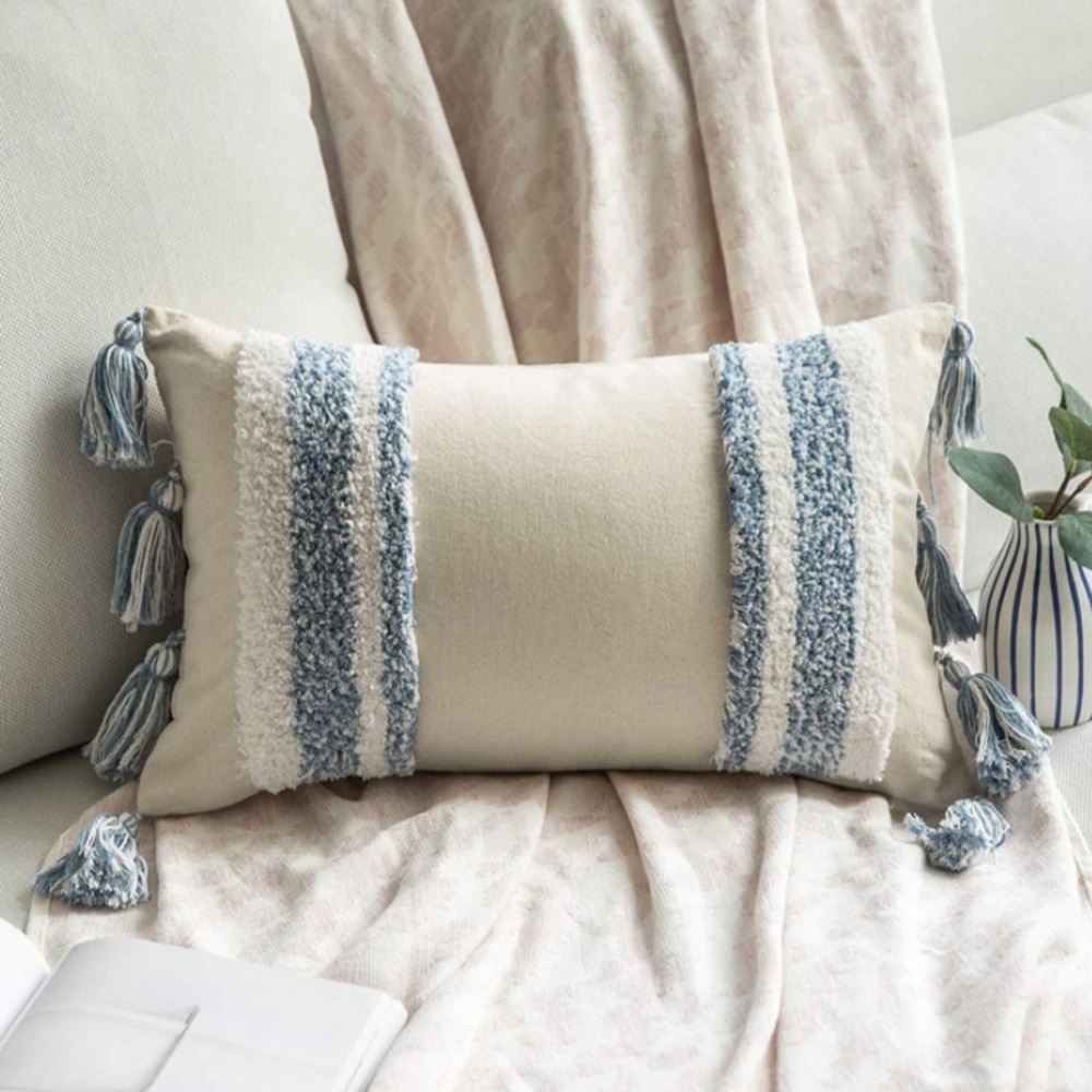 Luxury Home | Boho Chic Blue & White Tufted Woven Tassel Lumbar Pillow Cover - Picture 1 of 7